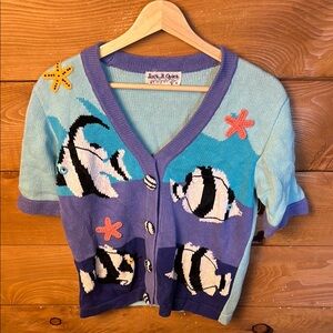 Jack B Quick Vintage Cardigan Short Sleeve Fish Sweater Petite Small  Multicolor